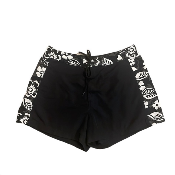 Vintage Swim 9s Vintage High Waisted Black Floral Swim Board Shorts